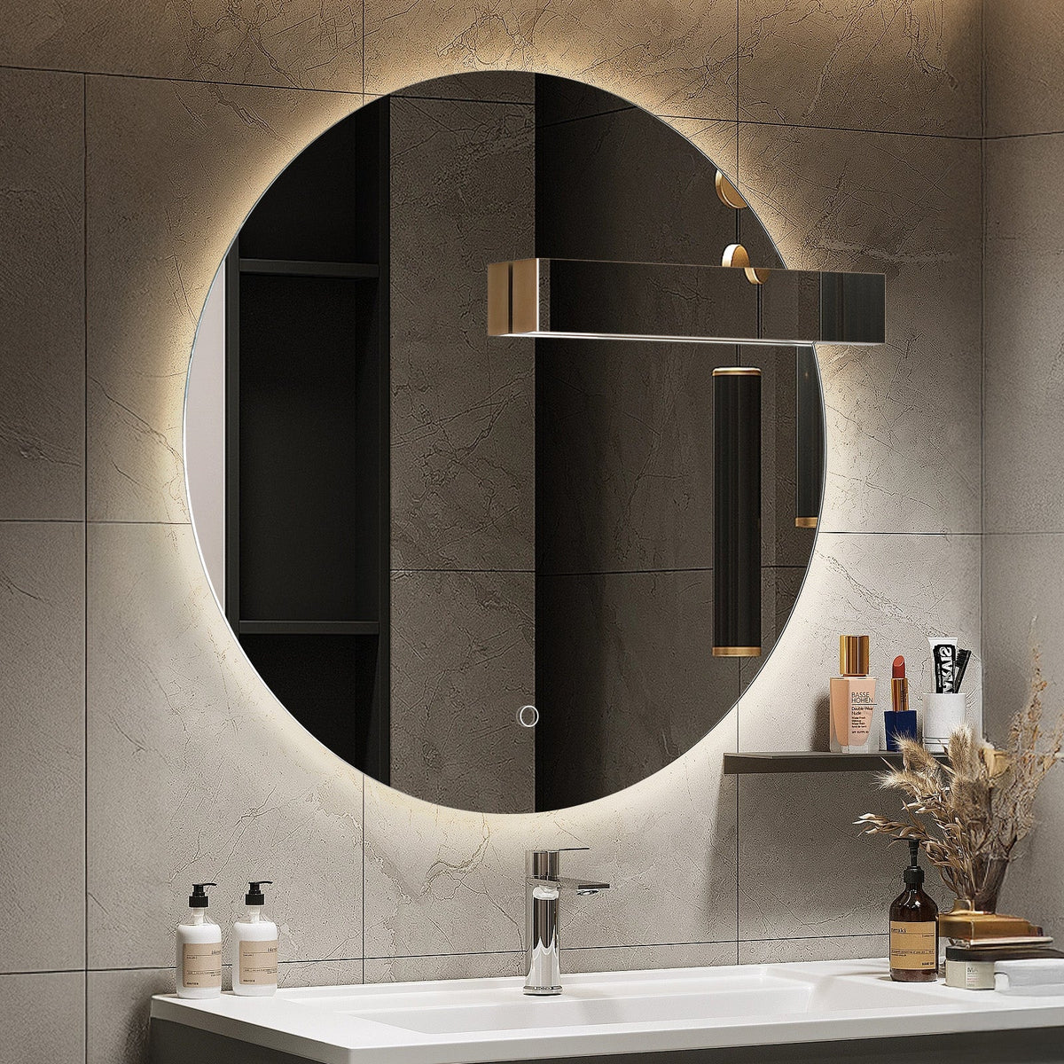 Backlit bathroom mirror installed above vanity