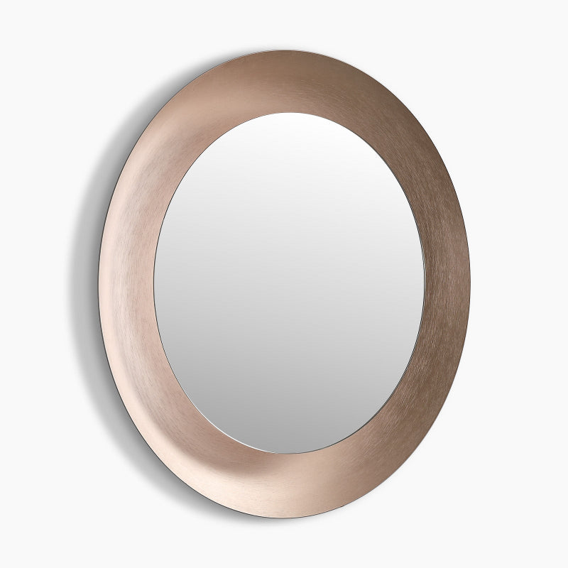 Round LED bathroom mirror lit and viewed straight on against a plain background