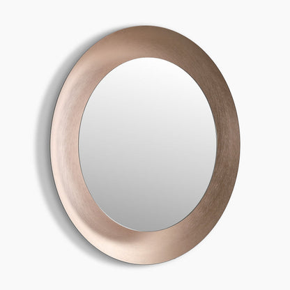 Round LED bathroom mirror lit and viewed straight on against a plain background