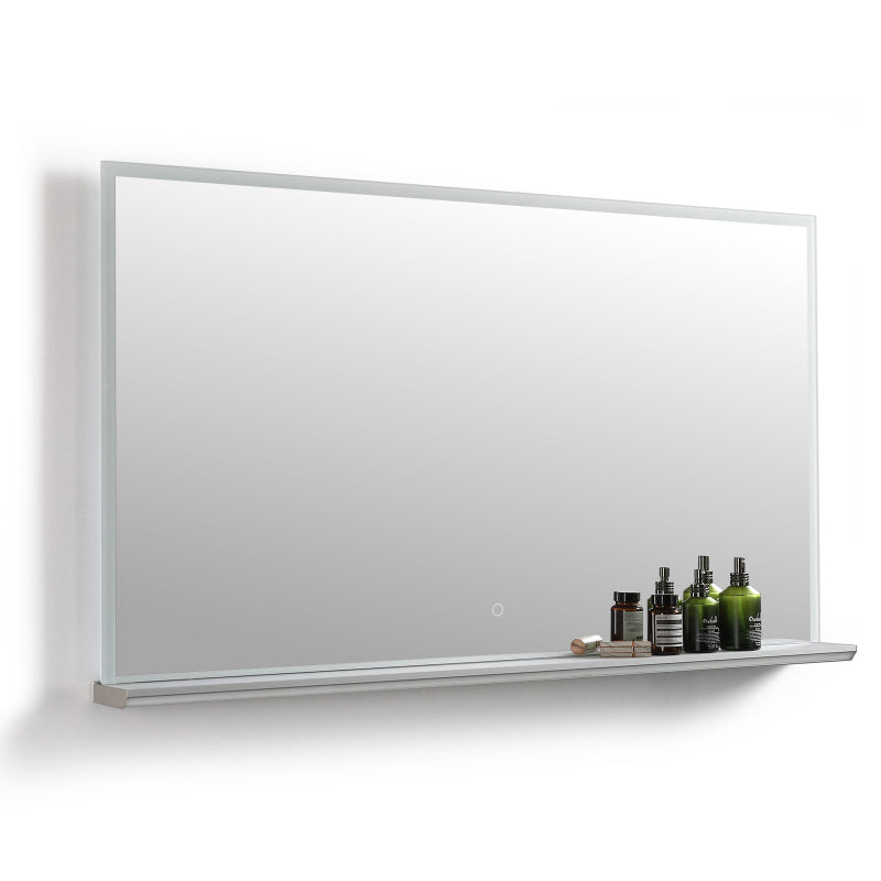 Wide LED mirror lit and viewed straight on against a plain background