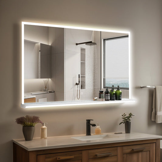 LED bathroom mirror with shelf shown above a vanity in a bathroom