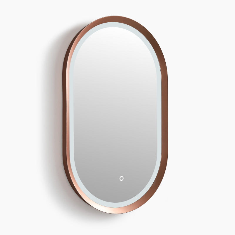 Oval LED bathroom mirror lit and viewed straight on against a plain background