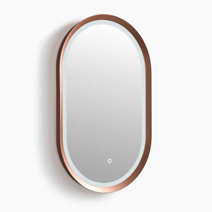 Oval LED bathroom mirror lit and viewed straight on against a plain background