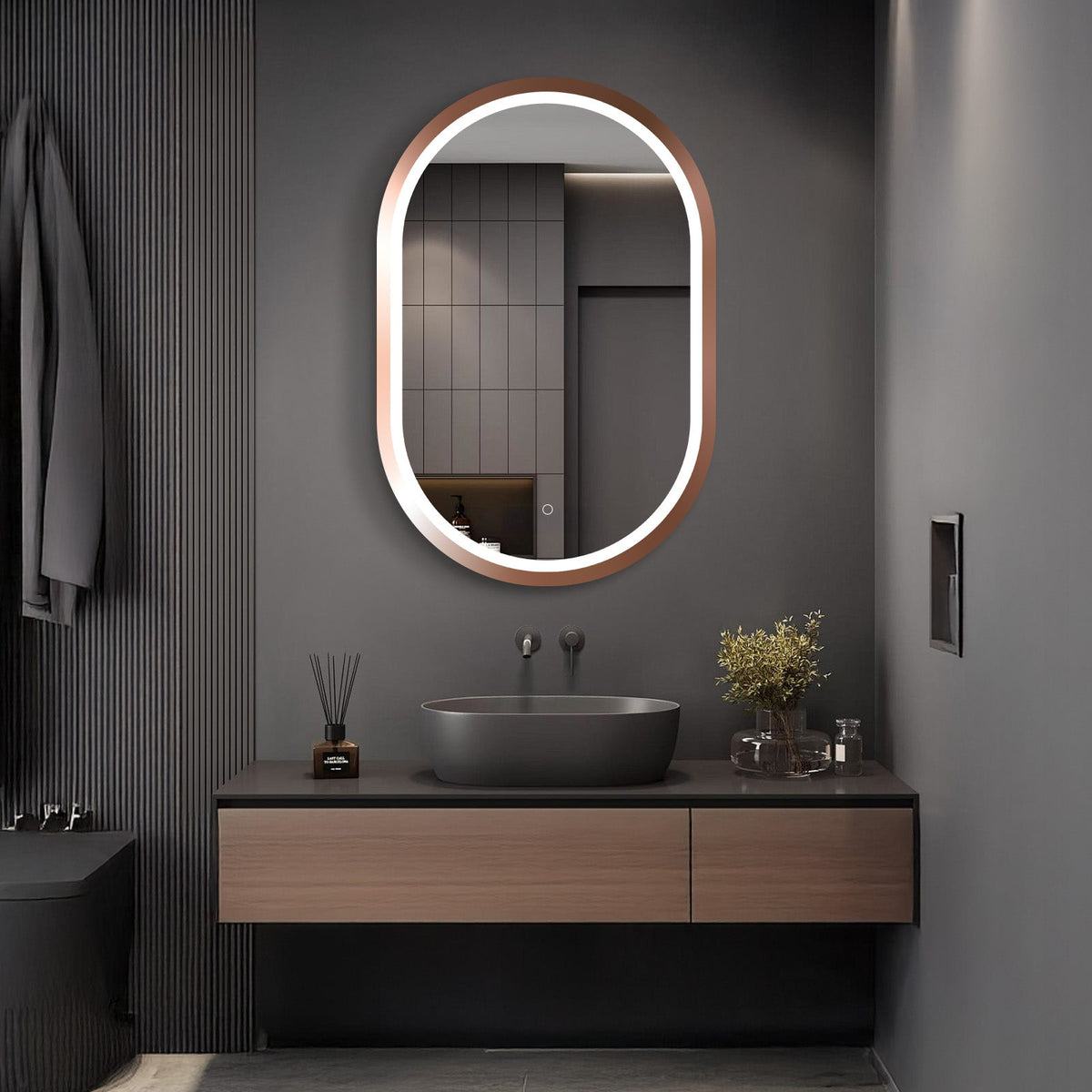 Oval LED Bathroom Mirror, Rose Gold in 5 Sizes