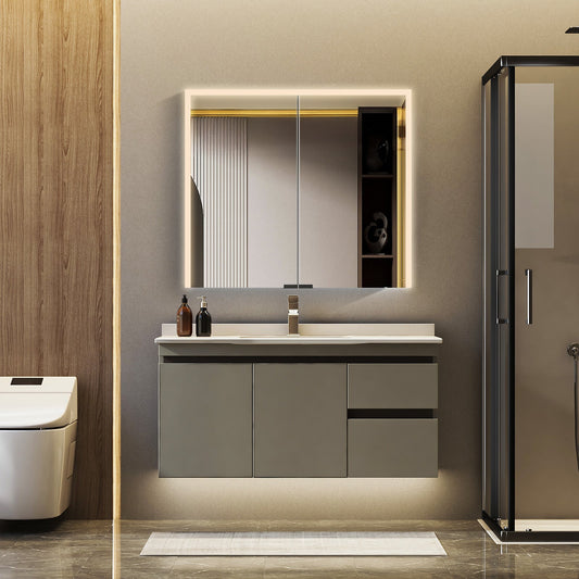 LED medicine cabinet mounted above bathroom sink