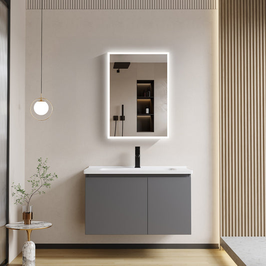 Matte white LED medicine cabinet mounted above bathroom sink