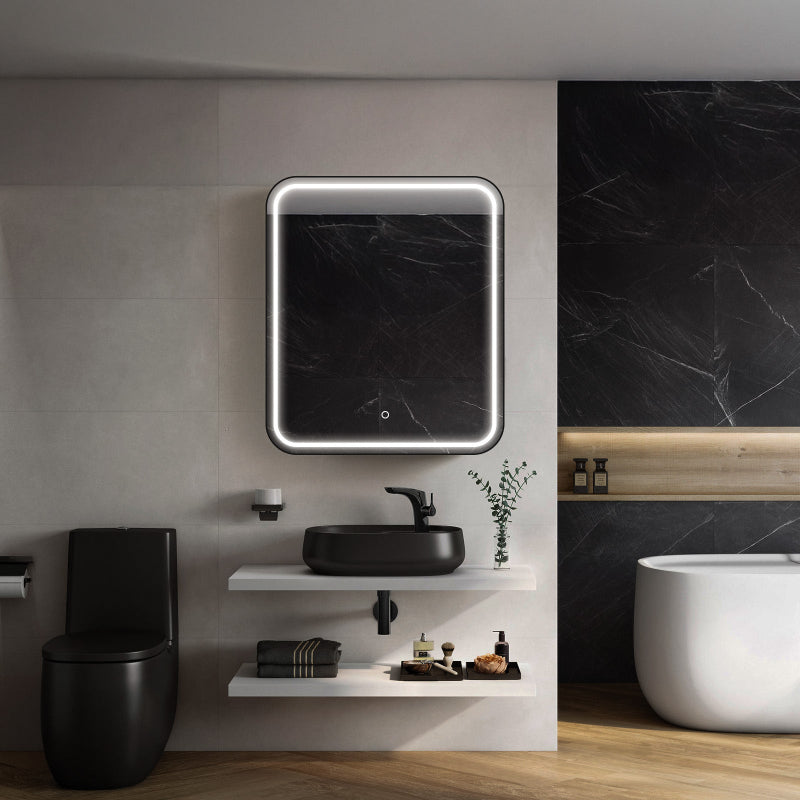 Matte black LED medicine cabinet shown above a bathroom vanity