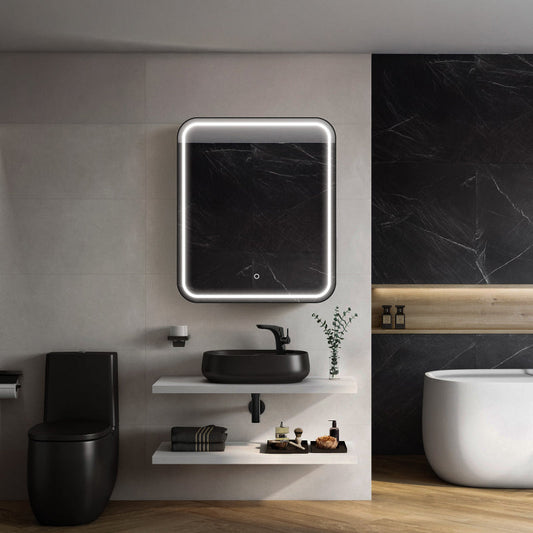 Matte black LED medicine cabinet shown above a bathroom vanity