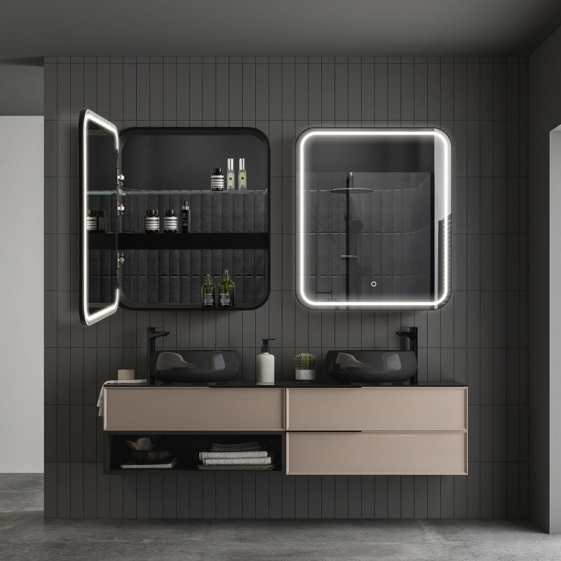 Close view of the matte black aluminum frame and cabinet door edge