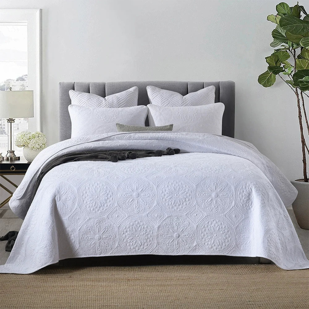 Embroidered Quilted Bedspread Set, Cotton 3 Piece