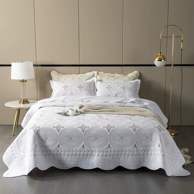 Embroidered Quilted Bedspread Set, Cotton 3 Piece