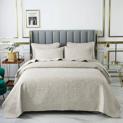 Embroidered Quilted Bedspread Set, Cotton 3 Piece