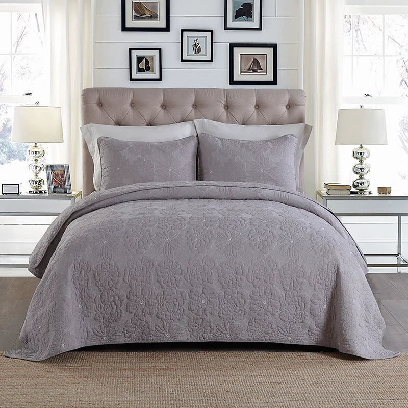Embroidered Quilted Bedspread Set, Cotton 3 Piece