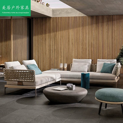 Modular outdoor rattan sofa set on patio