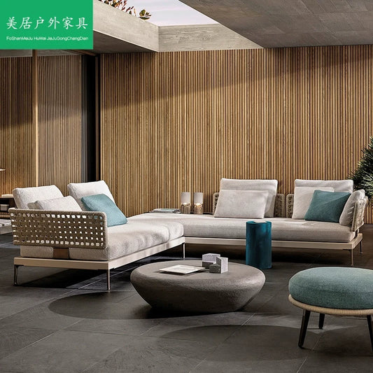 Modular outdoor rattan sofa set on patio