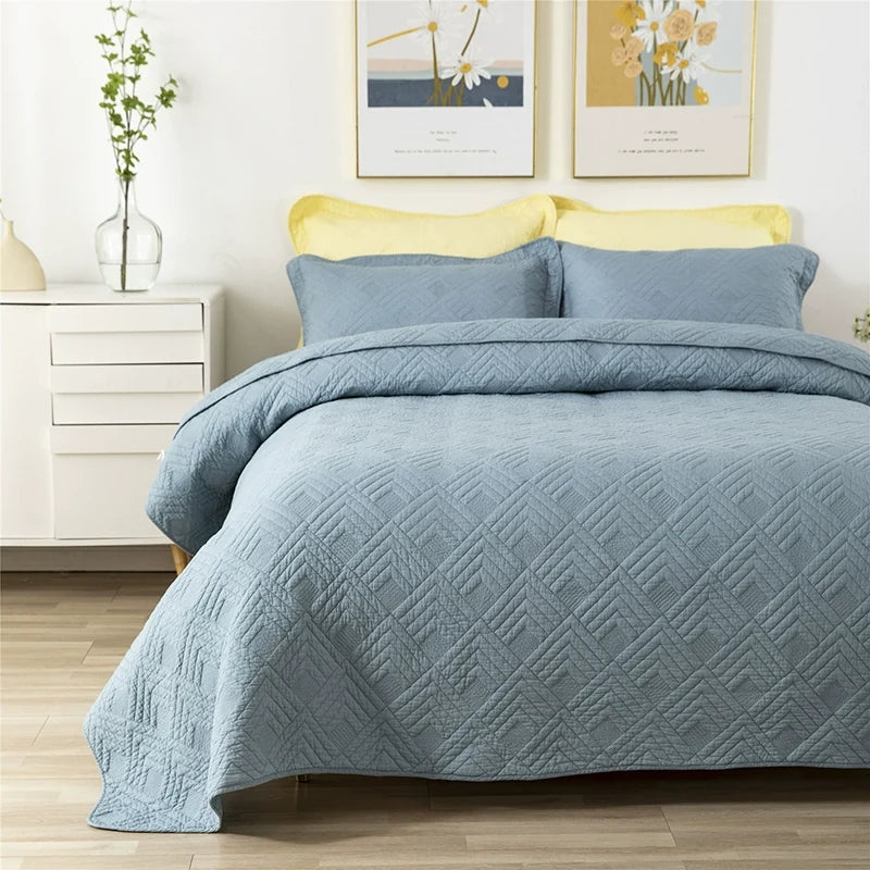 Bedspread set shown in a silver-gray color option