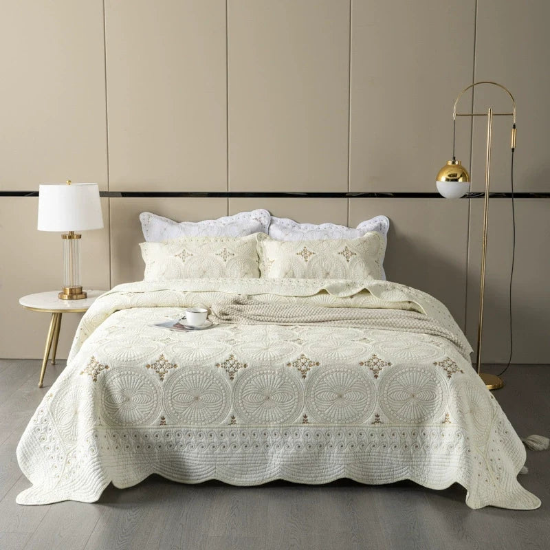 Embroidered Quilted Bedspread Set, Cotton 3 Piece
