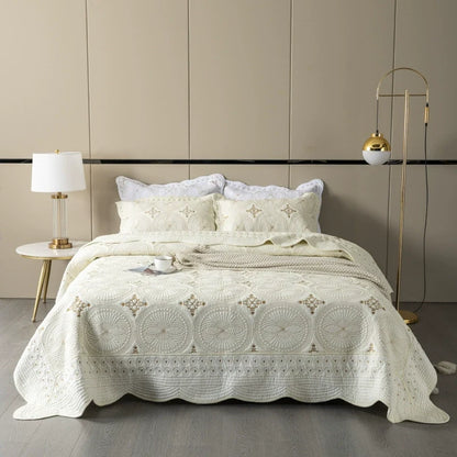 Embroidered Quilted Bedspread Set, Cotton 3 Piece