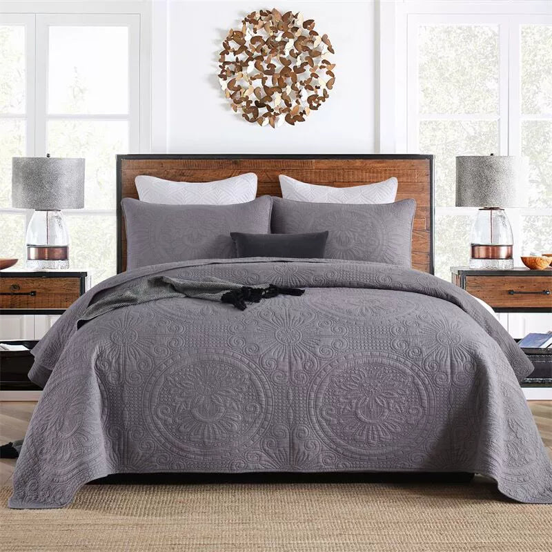 Embroidered Quilted Bedspread Set, Cotton 3 Piece