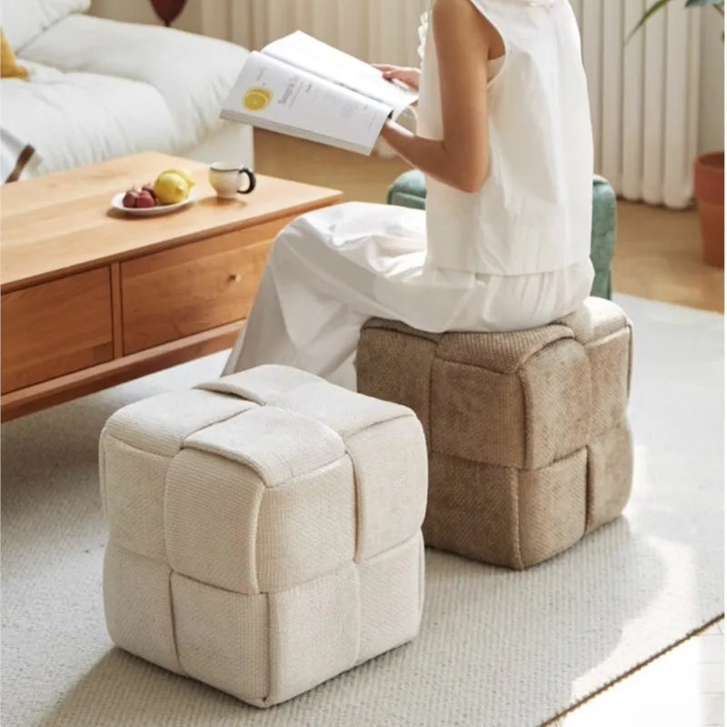 Woven bench stool in living room setting