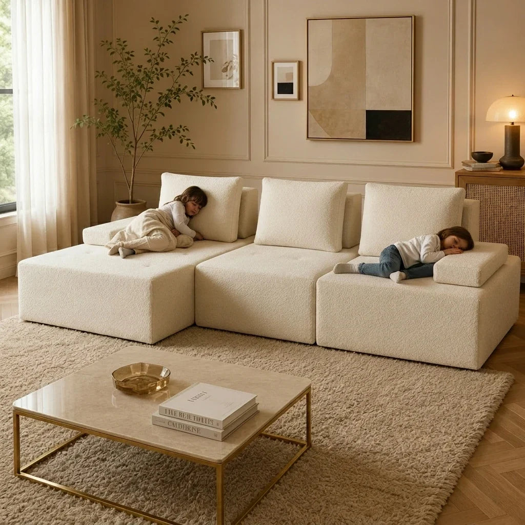 Cream white sectional sofa styled in a living room