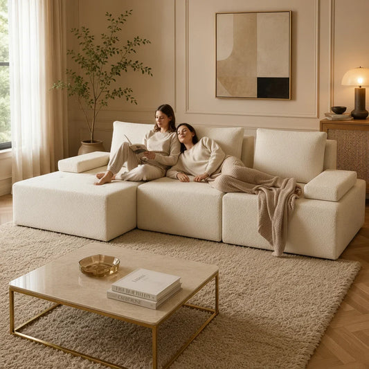 L shape sectional sofa in cream white fabric