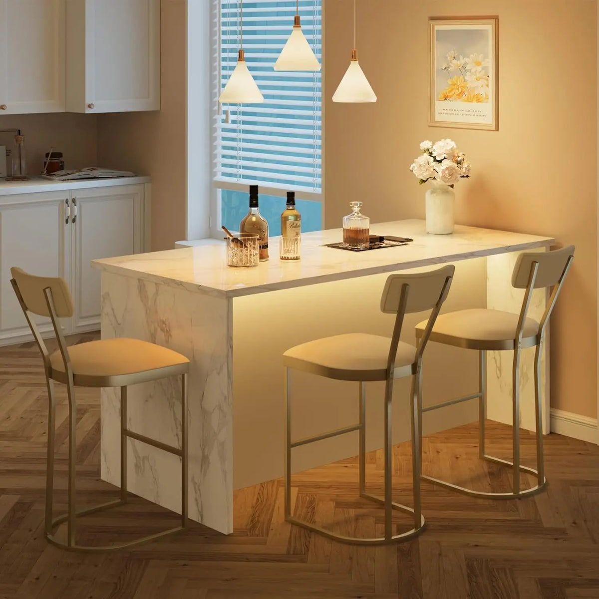 Gray upholstered seat detail on bar stool