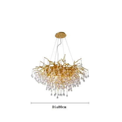 Crystal ceiling chandelier lit in a dim room