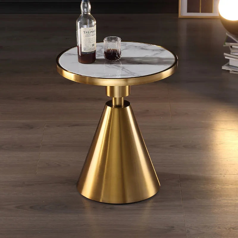 Close-up of the round marble tabletop and metal frame