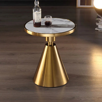 Close-up of the round marble tabletop and metal frame