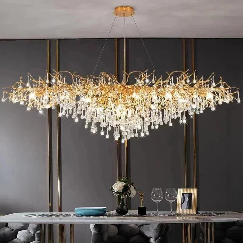 Crystal ceiling chandelier shown against a plain background