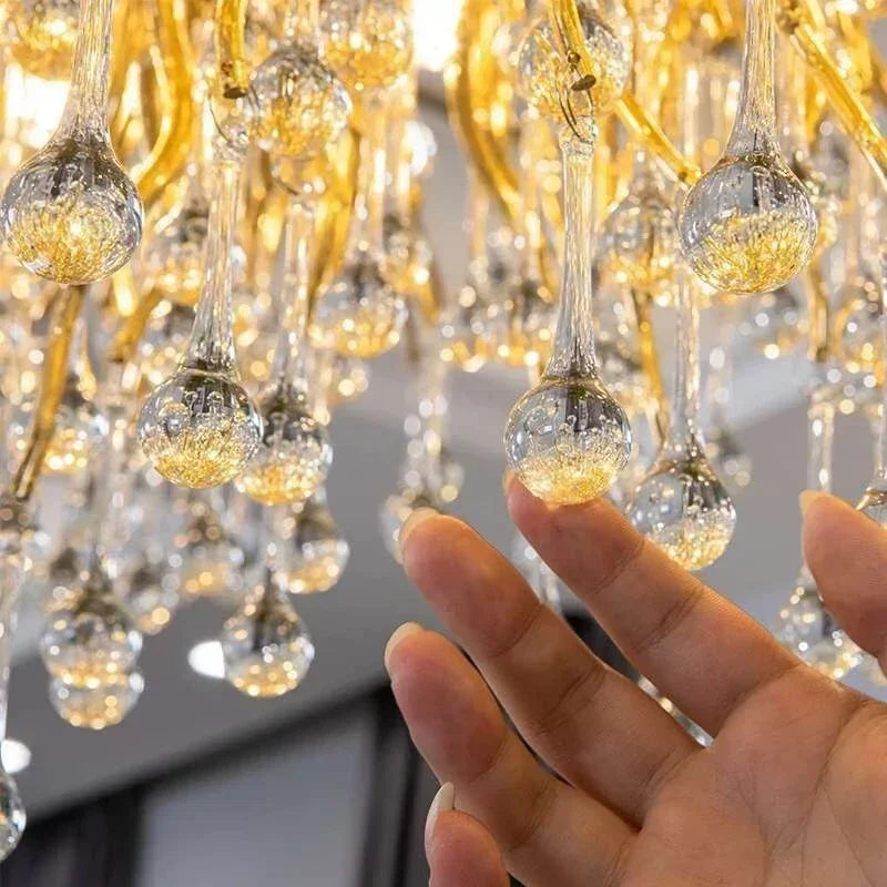 Close view of the cut crystal drops on the chandelier