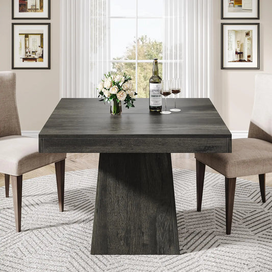 Square farmhouse dining table with grey wood grain finish
