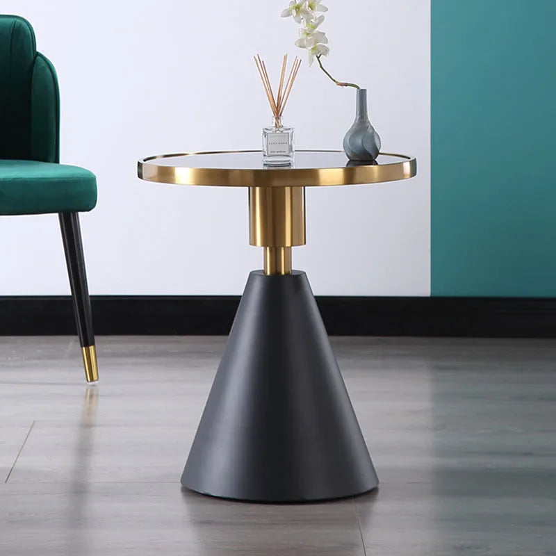 Round marble coffee table shown from a side angle