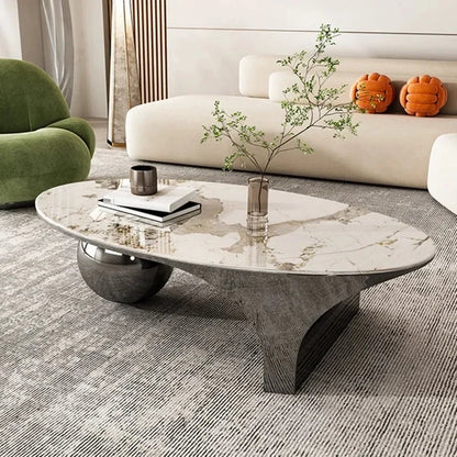 Oval marble coffee table viewed from above