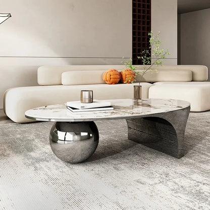 Close-up detail of the oval marble tabletop