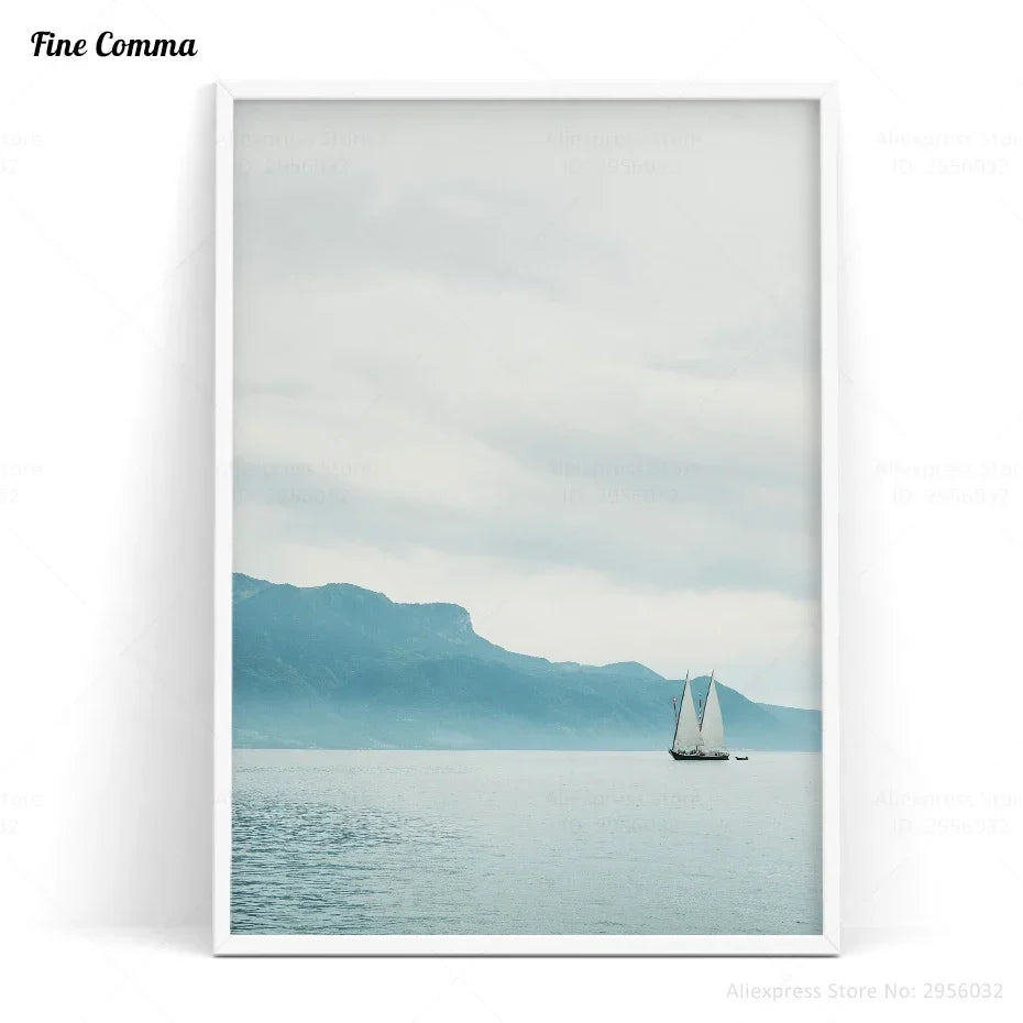 Light blue seascape canvas print displayed on a living room wall