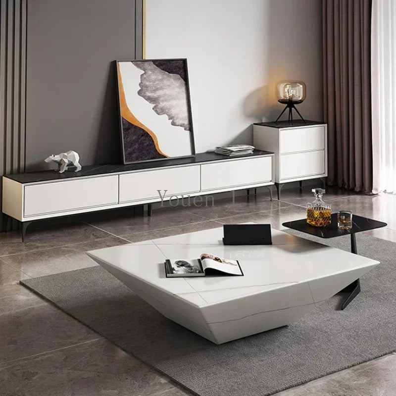 Marble coffee table styled with decor