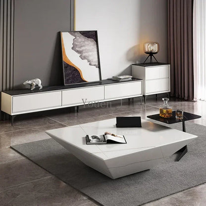 Marble coffee table styled with decor