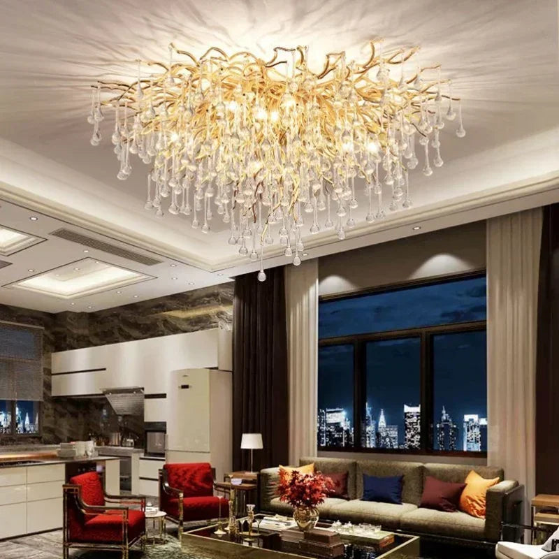 Crystal ceiling chandelier shown from the side