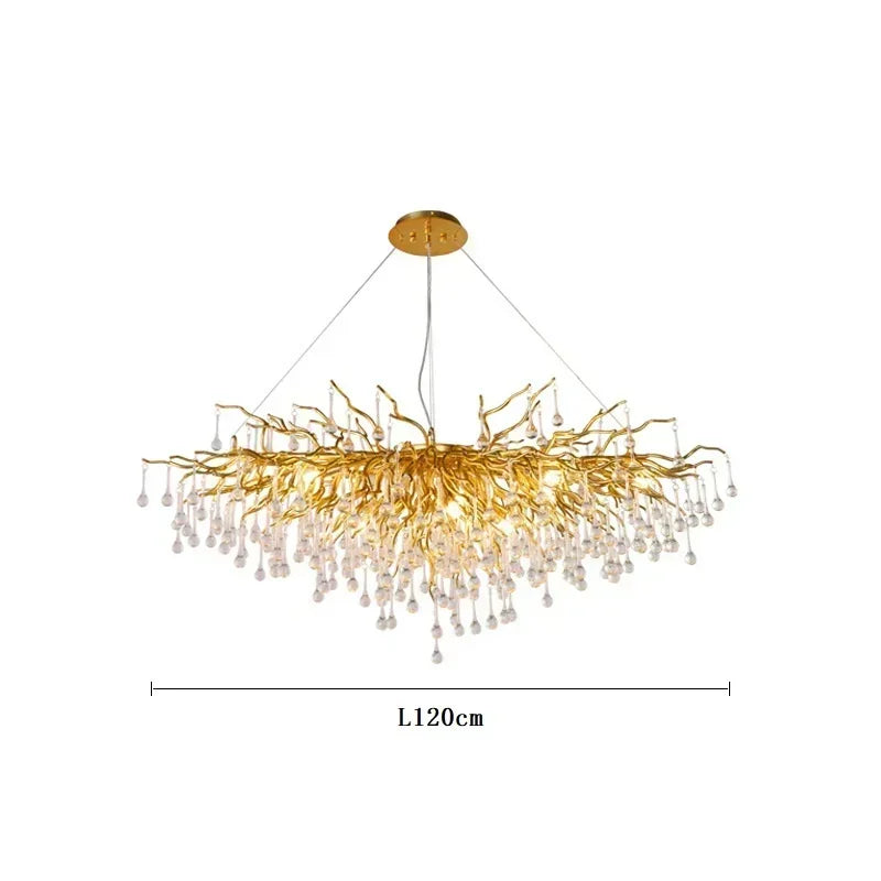 Crystal ceiling chandelier shown in a living room setting