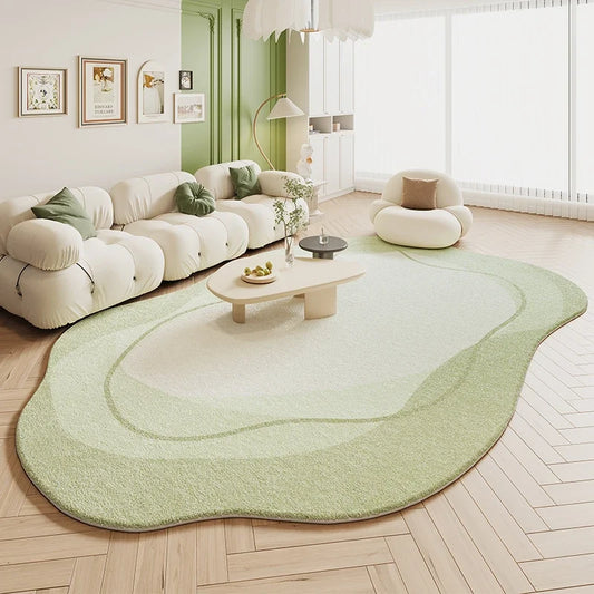 Irregular shaped plush area rug in a bedroom setting