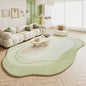 Irregular shaped plush area rug in a bedroom setting