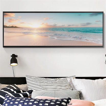 Canvas print of a sea wave and beach sunset scene on a living room wall