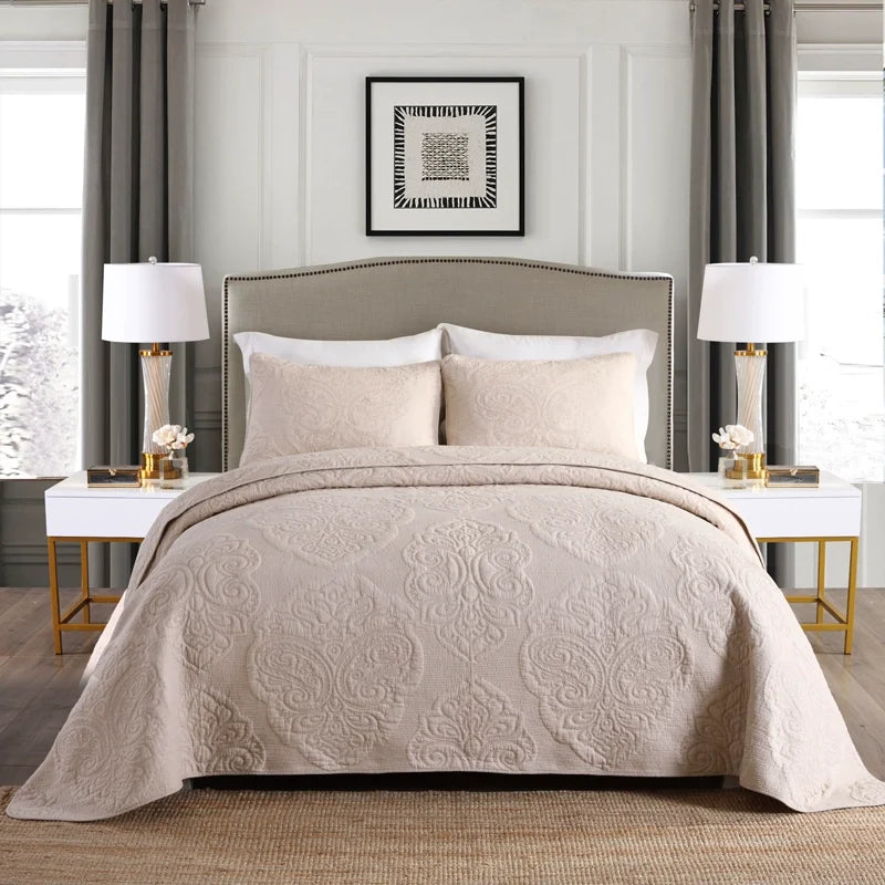 Embroidered Quilted Bedspread Set, Cotton 3 Piece