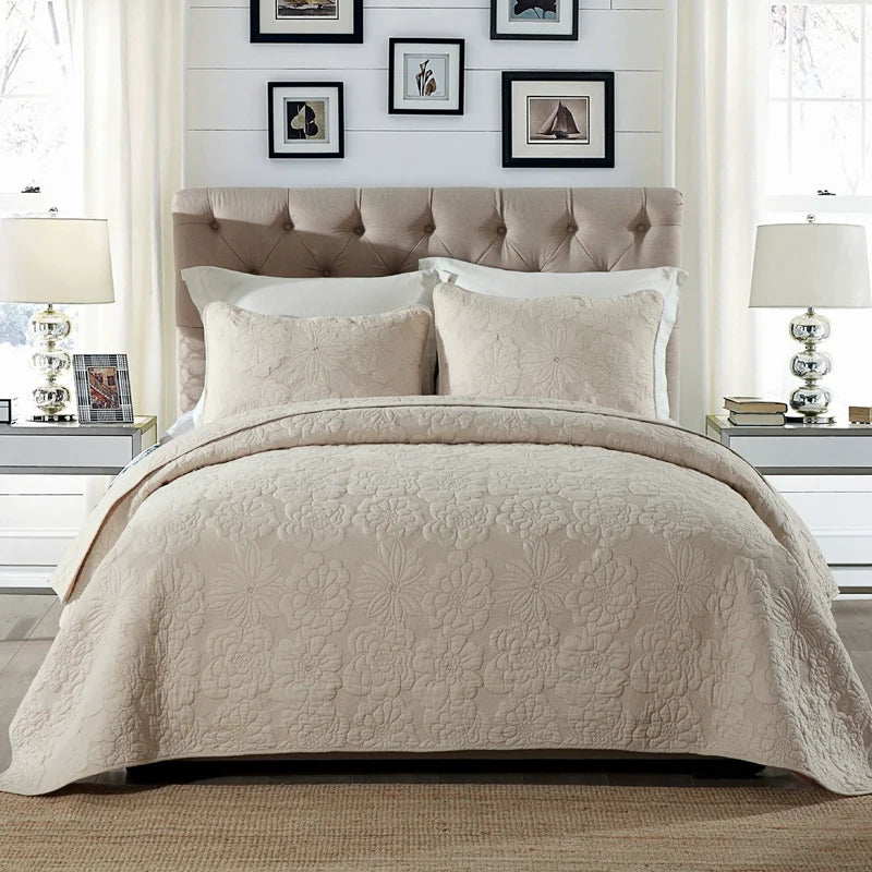 Embroidered Quilted Bedspread Set, Cotton 3 Piece