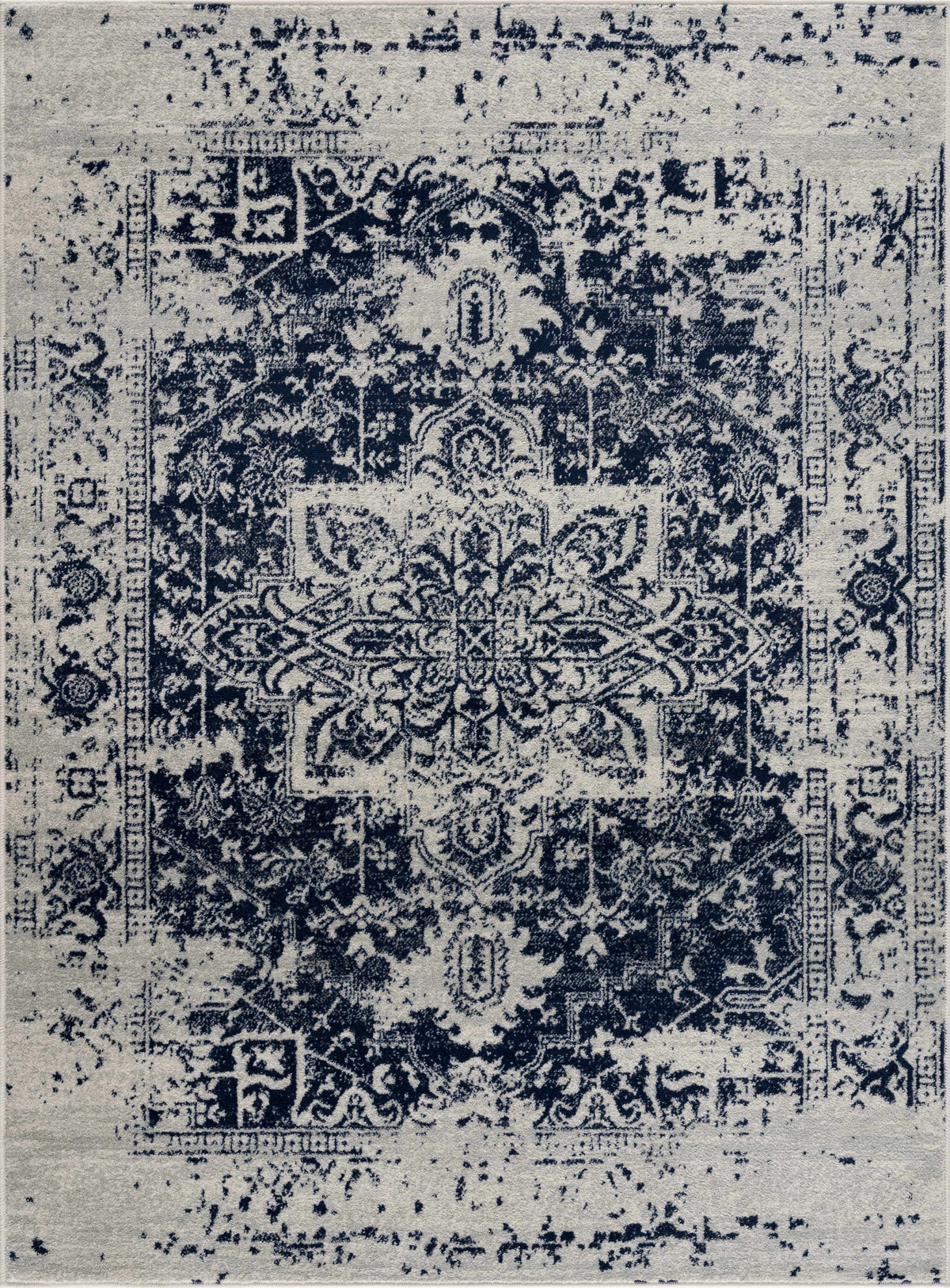 Vintage Pattern Area Rug, Navy and Gray