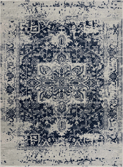 Vintage Pattern Area Rug, Navy and Gray