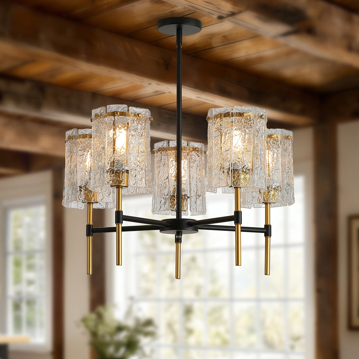 Detail of the metal frame on the five light chandelier
