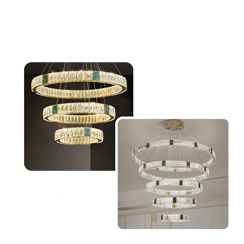 Tiered crystal chandelier shown installed on a ceiling